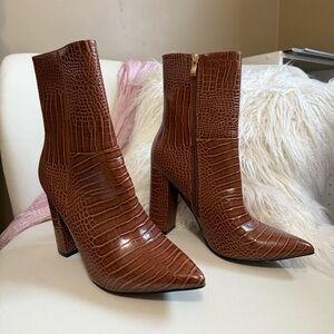 Brown Croc-Embossed Ankle Boots